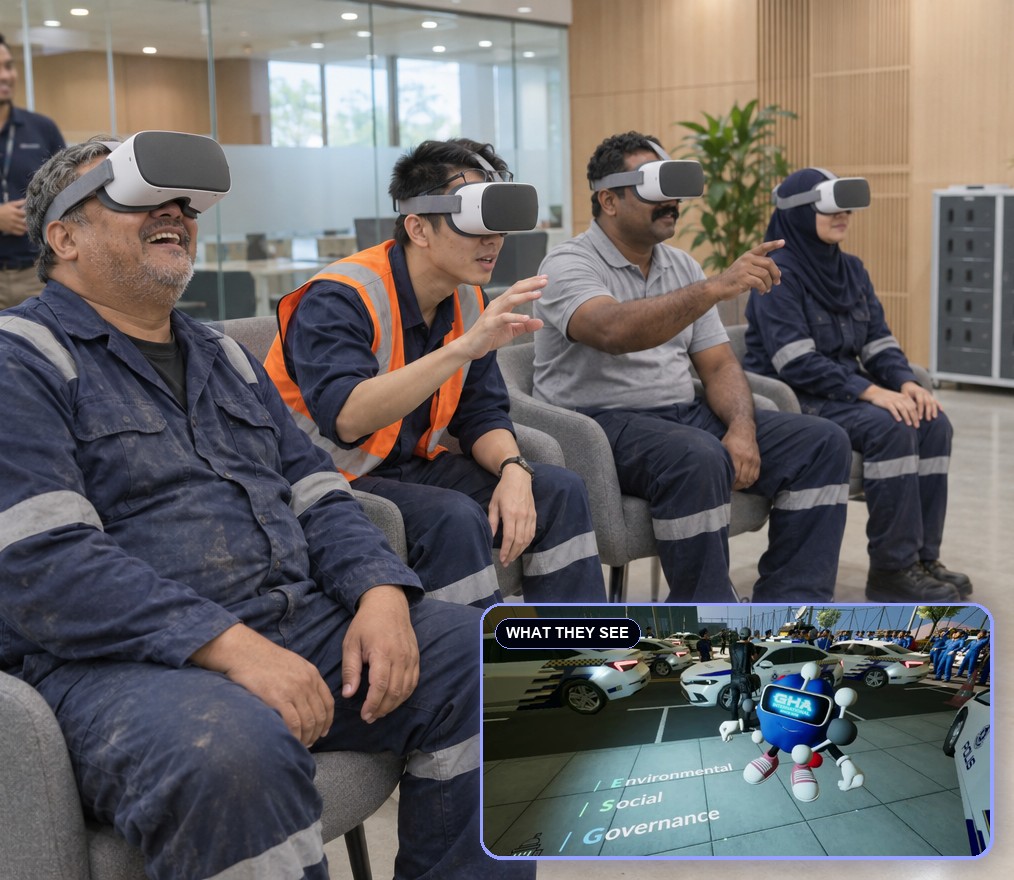 Frontline workers doing VR ESG training in a training room, with an inset showing the scene they are watching